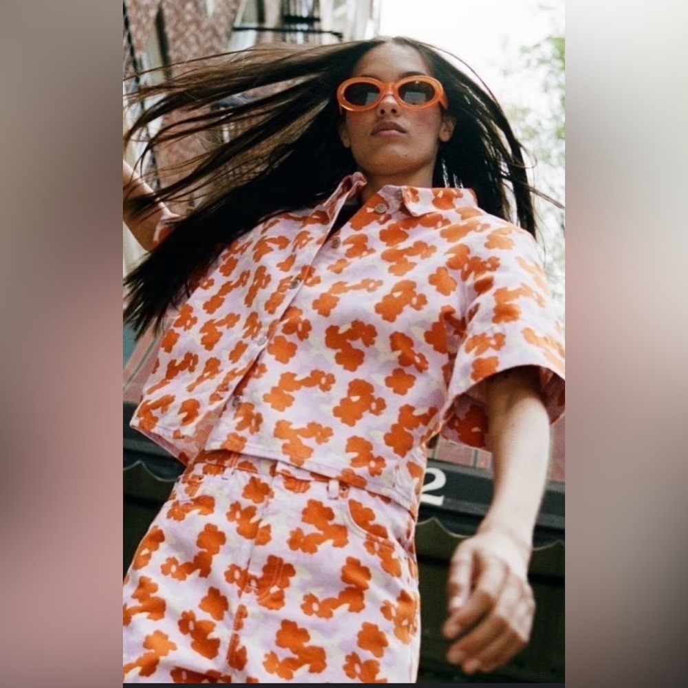 ZARA NWT Orange and Purple Floral Short-Sleeve "Connie" Shirt/Shacket